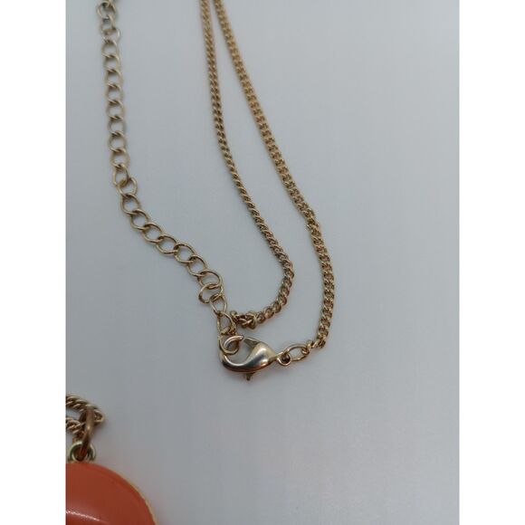 Vintage Red Orange Enamel Locke Pendant Gold Tone 24-27" Chain Necklace - Picture 7 of 7